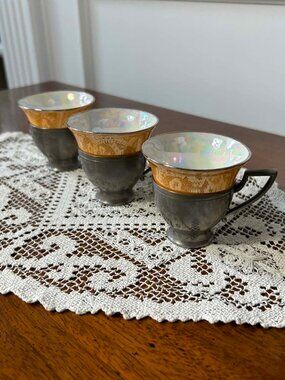 Fraunfelter China lustreware / pewter demitasse cups